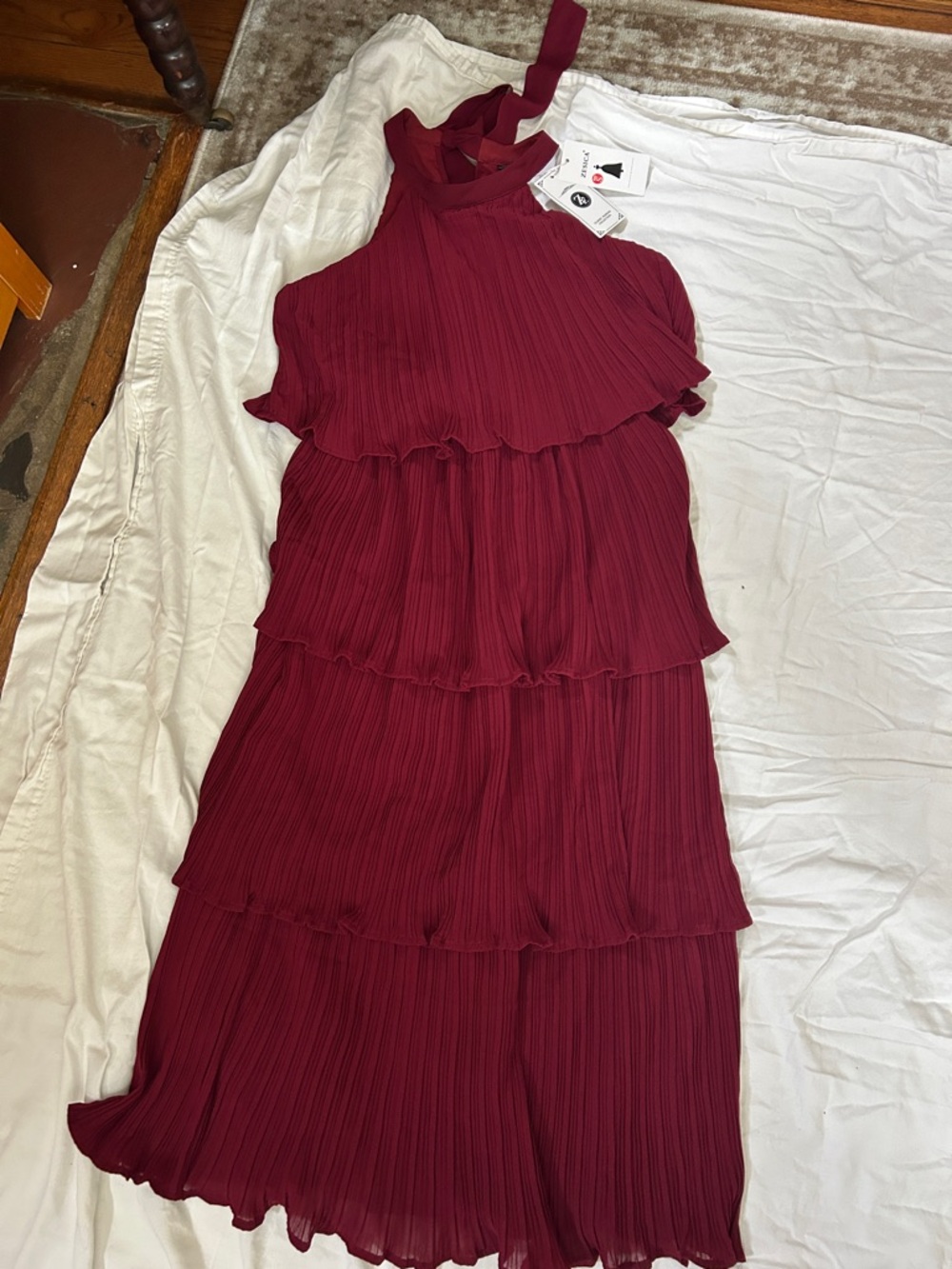 Tiered Pleated Halter Dress in Deep Wine